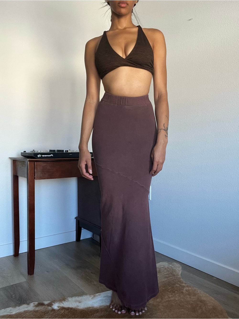 Brown Vintage Washed High-Waist Maxi Skirt